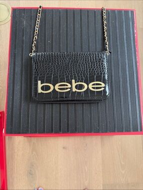 bebe Black Croc-Embossed Chain Crossbody with Gold Logo